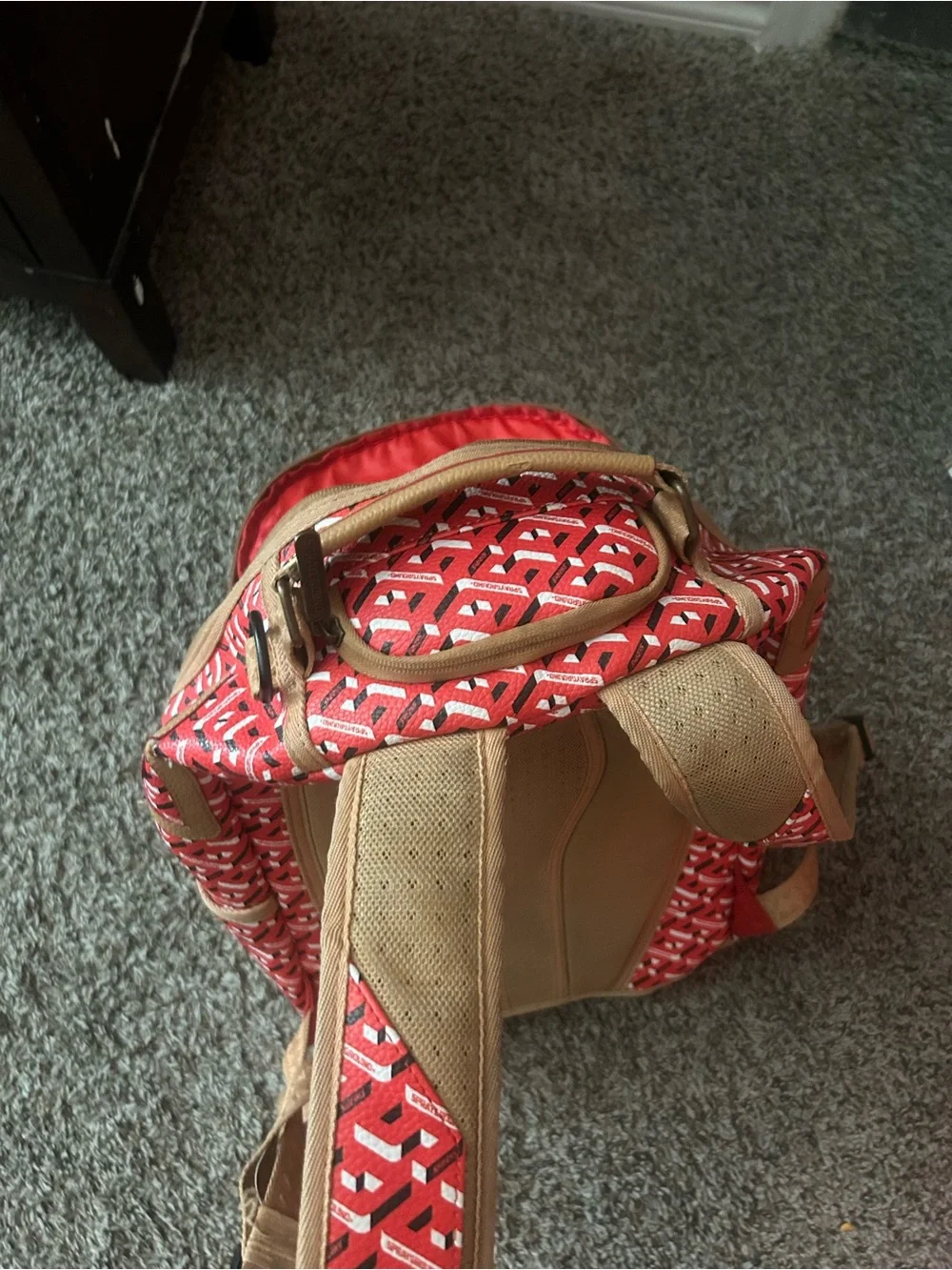 Sprayground Red Patterned Backpack with Tan Accent Panel